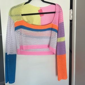 Color-block crochet long sleeve crop top | Medium